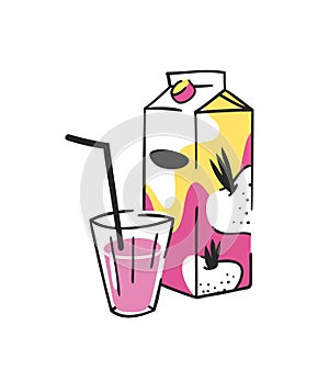 Hand drawn summer set of juice pack and glass. Vector artistic illustration beetroot drinks