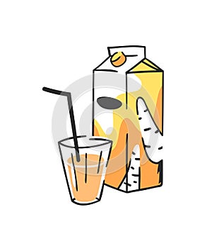 Hand drawn summer set of juice pack and glass. Vector artistic illustration carrot drinks