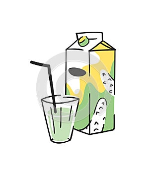 Hand drawn summer set of juice pack and glass. Vector artistic illustration cucumber drinks