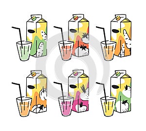 Hand drawn summer set of juice pack and glass. Vector artistic illustration drinks