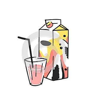 Hand drawn summer set of juice pack and glass. Vector artistic illustration papaya drinks