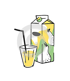 Hand drawn summer set of juice pack and glass. Vector artistic illustration pear drinks