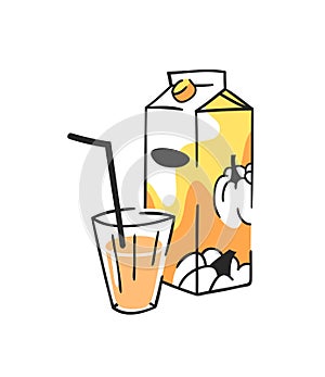 Hand drawn summer set of juice pack and glass. Vector artistic illustration pumpkin drinks