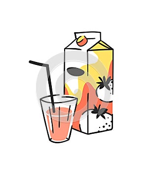 Hand drawn summer set of juice pack and glass. Vector artistic illustration tomato drinks