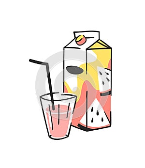 Hand drawn summer set of juice pack and glass. Vector artistic illustration watermelon drinks