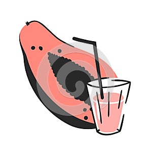 Hand drawn summer set of papaya, juice and glass. Vector artistic illustration drinks and fruit