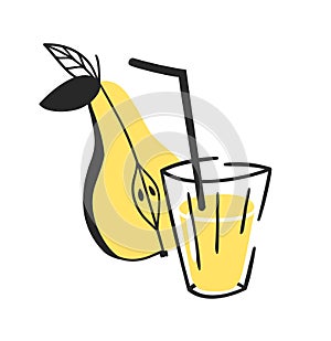 Hand drawn summer set of pear, juice and glass. Vector artistic illustration drinks and fruit