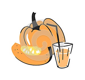 Hand drawn summer set of pumpkin, juice and glass. Vector artistic illustration drinks and vegetable