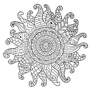 Hand drawn sun for anti stress colouring page.