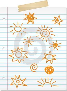 Hand drawn sun doodles on lined paper