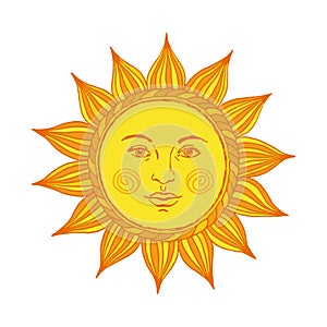 Hand drawn sun with face and eyes. Alchemy, medieval, occult, mystic symbol of sun. Vector illustration. photo