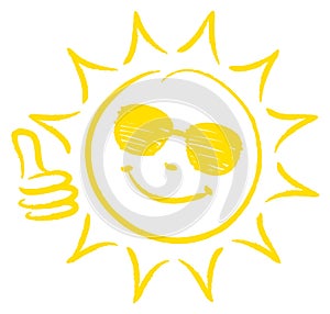 Hand Drawn Sun One Thumb Up With Sunglasses Yellow