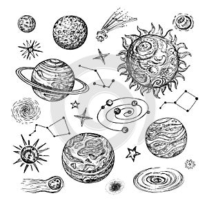 Hand drawn sun, planets, stars, comet, asteroid, galaxy. Vintage astronomical vector illustration in engraving style