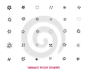 Hand drawn sunburst ray design elements isolated on white background. Modern starburst