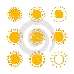 Hand drawn suns. Sun icon. Stylized sun. Vector Illustration