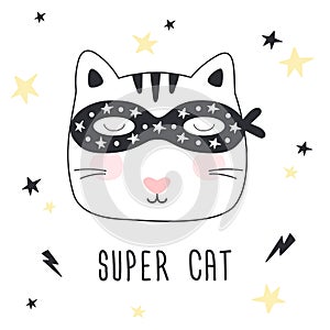 Hand drawn Super Cat. Children print.