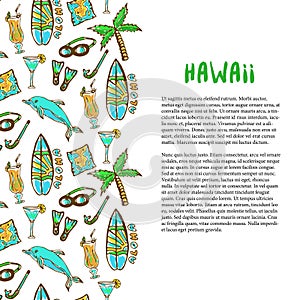 Hand drawn surfing and diving decoration. Hawaii holiday. Tourism vector background. Banner or poster