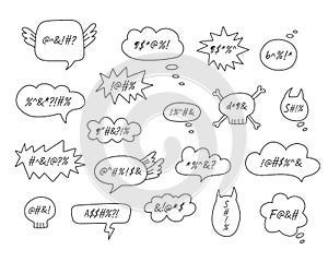 Hand drawn swear word speech bubble set. Bad words in bubbles simple icons set. Doodle illustration on white background