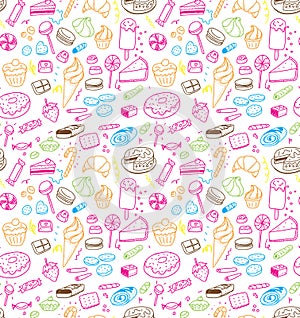 Hand drawn sweets and candies pattern. Vector doodles. Isolated food on white background. Seamless texture.