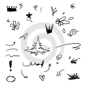 Hand drawn Swishes, swoops, emphasis doodles. Highlight text elements, calligraphy swirl, tail, flower, heart, graffiti crown.