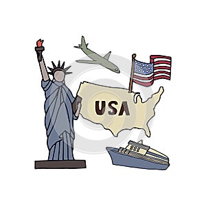 Hand-drawn symbols and map of USA. Statue of Liberty and flag of the United States of America. Vector illustration on white