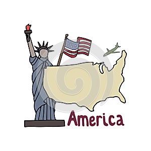 Hand-drawn symbols and map of USA. Statue of Liberty and flag of the United States of America. Vector illustration on  white