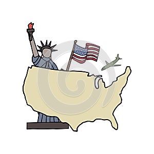 Hand-drawn symbols and map of USA. Statue of Liberty and flag of the United States of America. Vector illustration on  white
