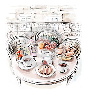 Hand drawn table set with french breakfast. Stylish Paris balcony with table.