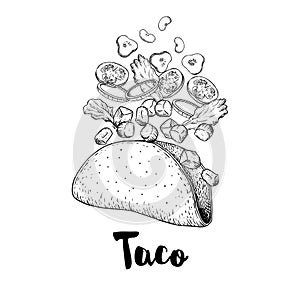 Hand drawn taco. Sketch style illustration of constructor taco. Flying isolate ingredients. Meat pieces, onion rings, tomato, cucu