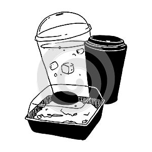 Hand drawn take away coffee and lemonade cups with lunch box sketch. Breakfast to go. Black and white outline