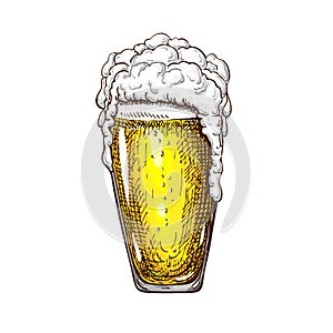 Hand drawn tall beer glass full of wheat beer with foam. Beautiful vintage beer mug or pilsner with dropping froth