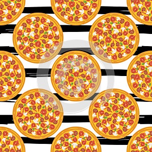 Hand drawn tasty pizza circles vector seamless pattern. Modern stylish repeating fast food service elements background. Isolated