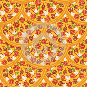 Hand drawn tasty pizza circles vector seamless pattern. Modern stylish repeating fast food service elements background. Isolated