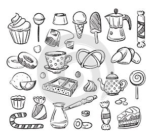 Hand drawn tea cup, coffee, cakes, sweets fun vector doodle