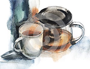 Hand drawn tea set of glass teapot and cup with classic black tea. Blurred grunge background isolated on white. Watercolor