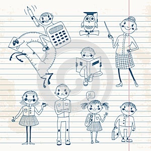 Hand drawn teacher and schoolchildren.