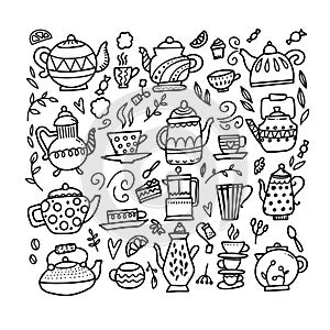 Hand drawn teapot and cup collection. Doodle tea cups, coffee cups and teapots isolated on white background. Vector illustration