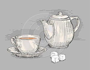 Hand drawn teapot with cup of tea