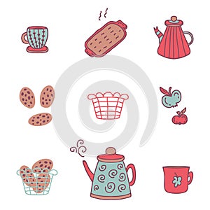 Hand drawn teapot, cups and pastry hygge collection. Perfect for stationery, dishcloth, towel, poster and print.