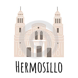Hand drawn temple Assumption Cathedral - Hermosillo, Sonora, Mexico. Vector illustration isolated on white background photo