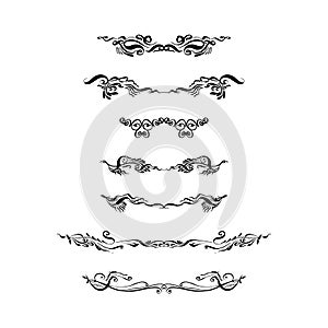 Hand drawn text dividers, decorative design elements set. Black and white vector isolated illustration.