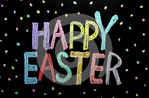 Hand drawn text `Happy Easter` on chalkboard