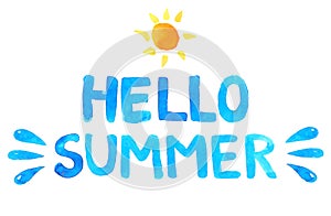 Hand drawn text hello summer. Blue vector photo