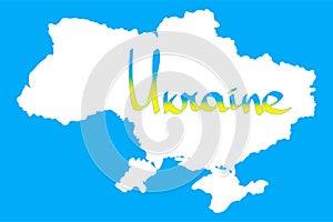 hand drawn text Ukraine in national colors on Map