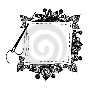 Hand drawn textile patch with sewing needle, flowers and leaves in doodle style. Black and white vector illustration