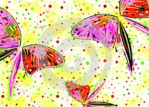 Hand drawn textured artistic background with insect. Creative wallpaper with butterflies in rainbow colors.