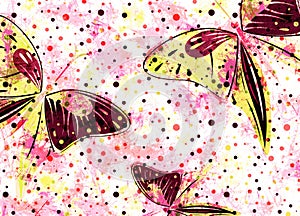 Hand drawn textured artistic background with insect. Creative wallpaper with butterflies in red colors.