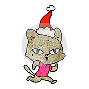hand drawn textured cartoon of a cat out for a run wearing santa hat