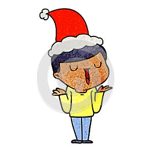 hand drawn textured cartoon of a happy boy with no worries wearing santa hat