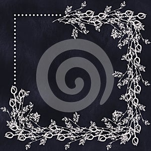 Hand drawn textured floral background in with flowers and leaves on the dark blue chalkboard. Decorative frame.